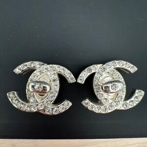 Large Vintage Chanel Crystal Double C Logo Clip-On Earrings - Silver tone